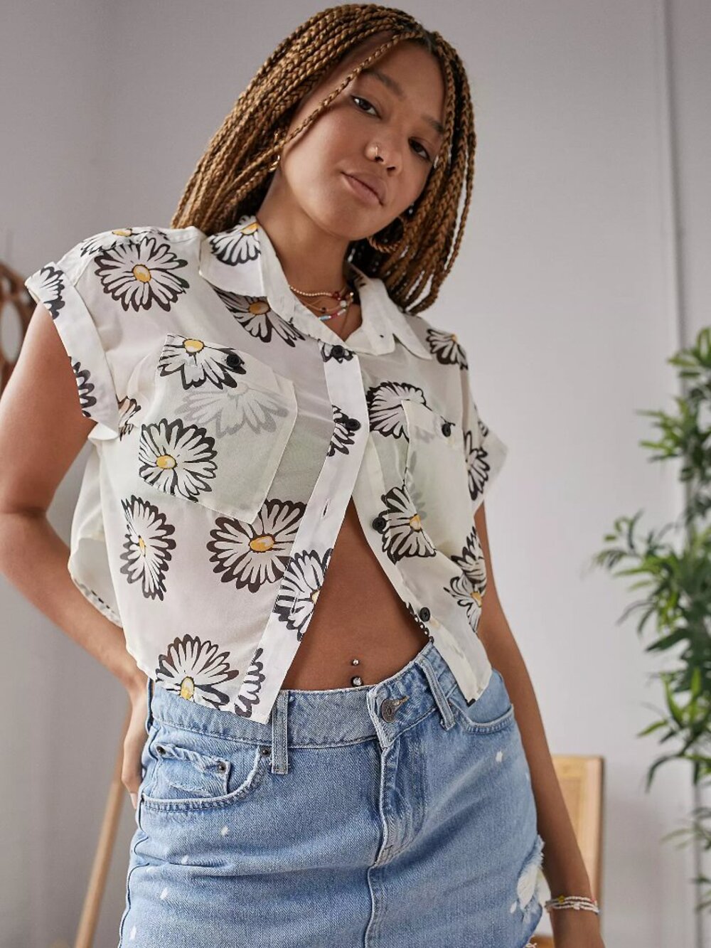 Urban Outfitters oversized sheer Daisy Print button down crop top shirt  XS